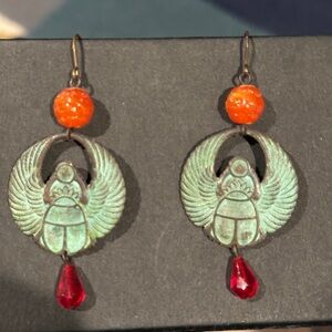 Elegant Copper Scarab Earrings with Red and Orange Accents